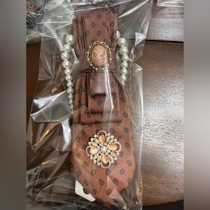 Upcycle Elegant Brown Polka Dot Tie necklace  with Pearl Accents